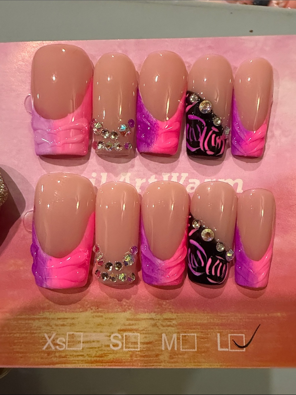 Pink & Purple Ombre handmade acrylic Press-On Nail Set with Rhinestones